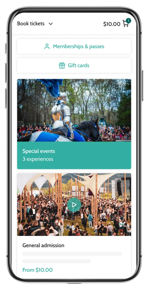 Beyonk's event ticketing system on mobile. Memberships, gift cards and sessions can be bought here.