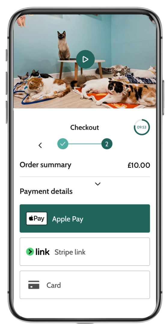 Animal cafe booking software checkout screen on a mobile phone